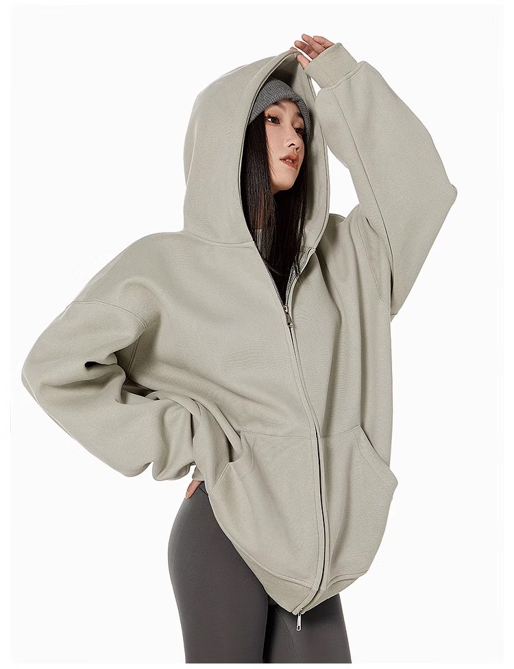 ICH MODE Fleece-Lined American Style Hoodie Jacket Women Autumn Winter Loose Fit Double Zipper Cardigan Lazy Long Sleeve Coat Black L 22