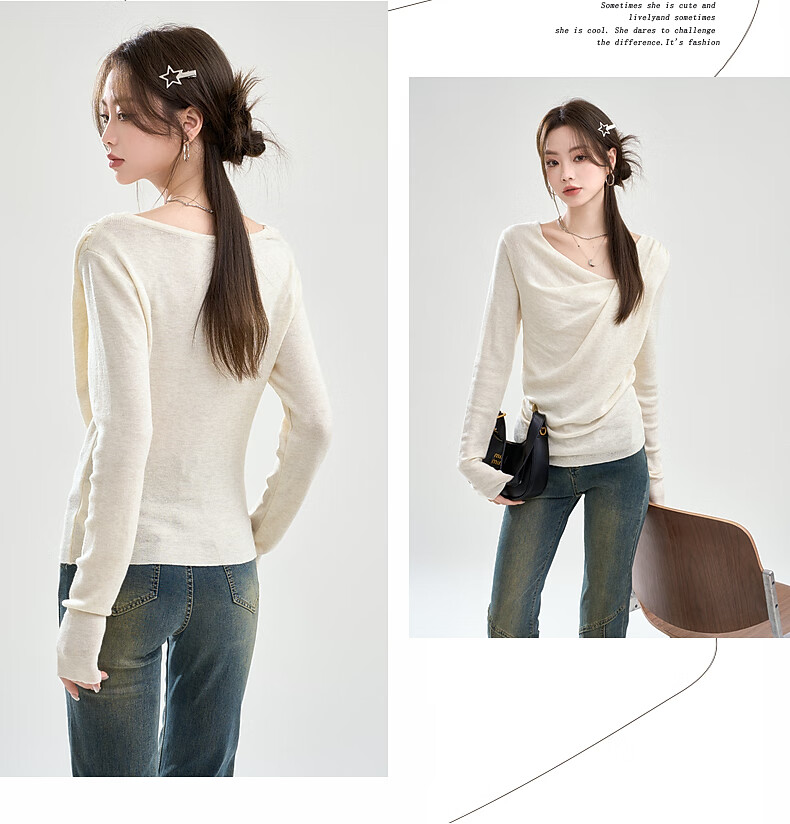 La Chapelle Women's Slim Fit V-Neck Pleated Knit Top T-Shirt in Apricot, Size S 7