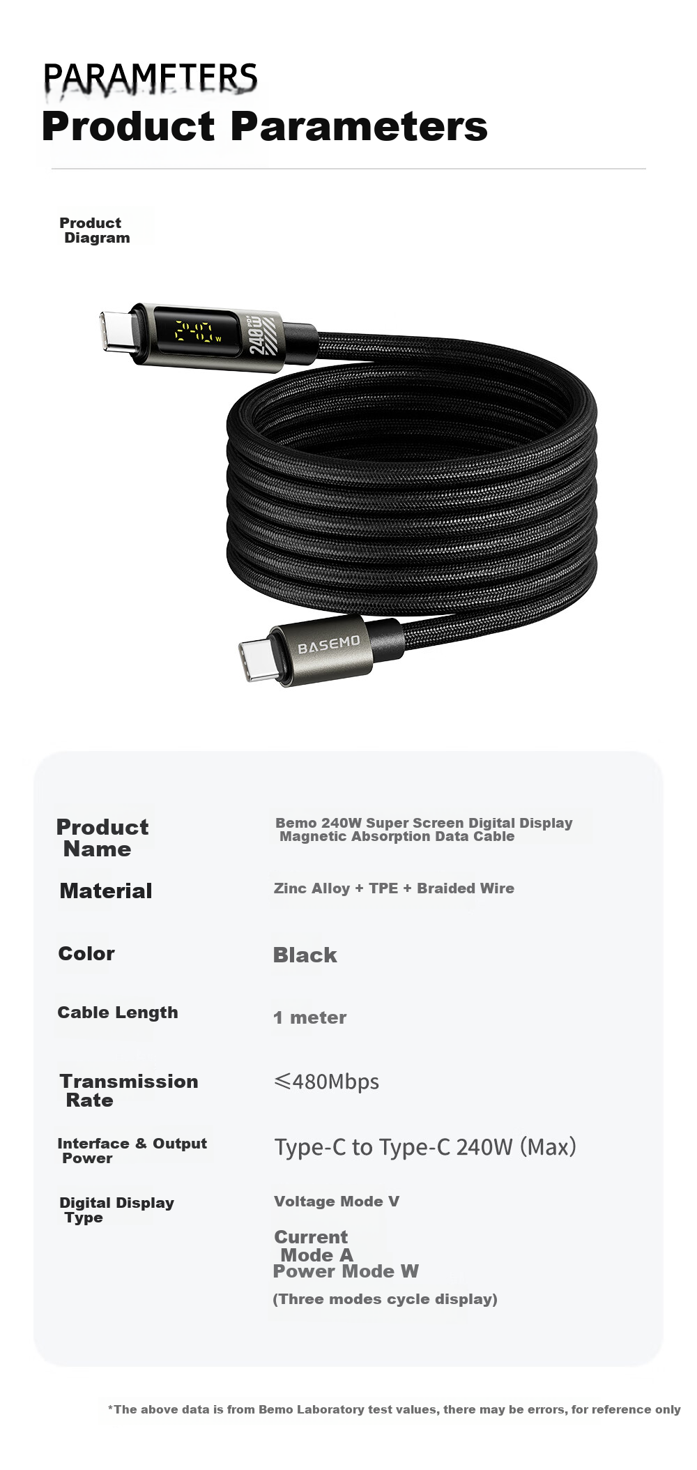 Beimo Magnetic Display Charging Cable, 240W Fast Charging Type-C Data Cable, Suitable for IPhone 18/17 Pro Max, Apple/Huawei/Xiaomi Phones, IPad/laptops, 1 Meter Black 5