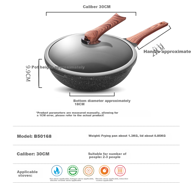 COOKER KING Wok, Oil-Gathering Non-Stick Pan, Wear-Resistant, Low Smoke, Less Oil, Versatile Flat-Bottom Frying And Stir-Frying Pan, 30cm, Compatible with Induction Cookers, B50168