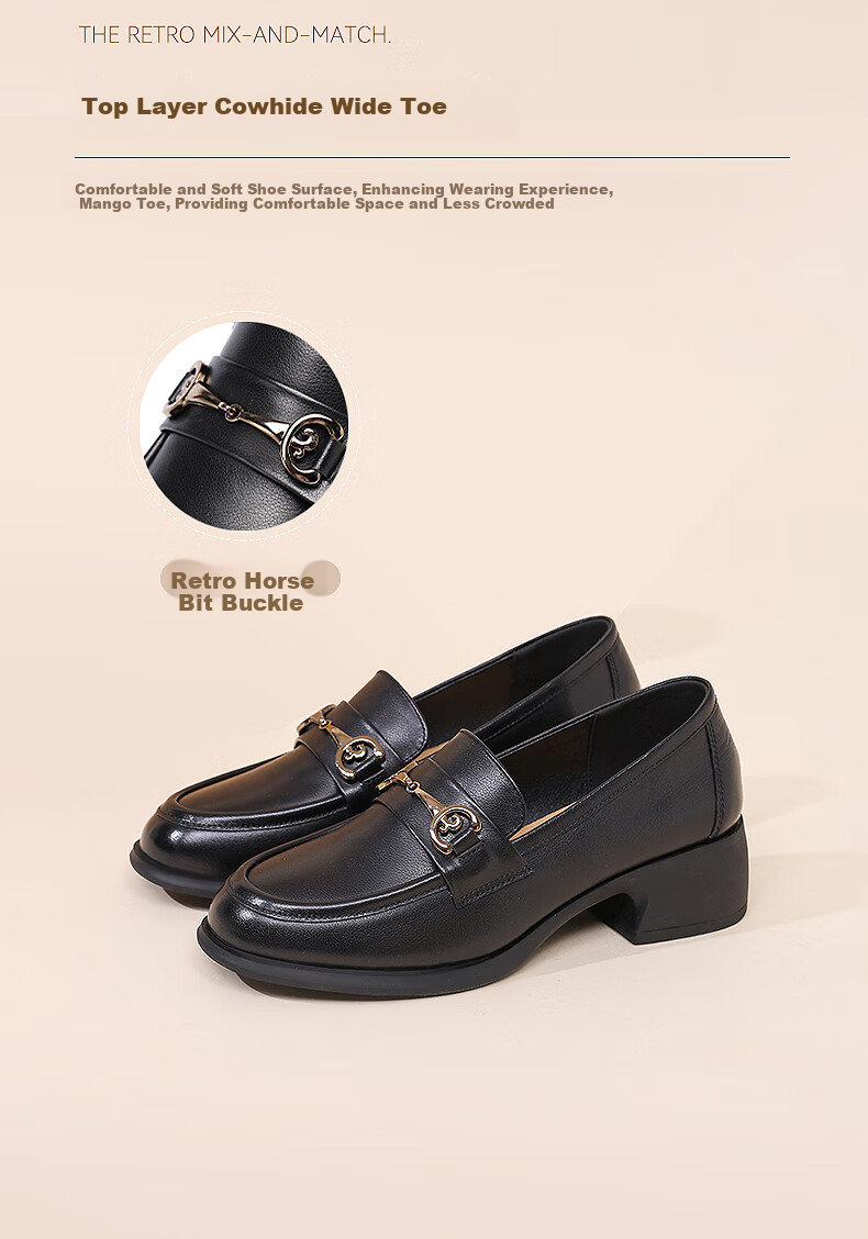 RED DRAGONFLY Women's Loafers with Chunky Heel, French-Style Leather Shoes, Versatile Commuter Shoes for Women, Mom's Flats WTB152791 Black Size 40 4