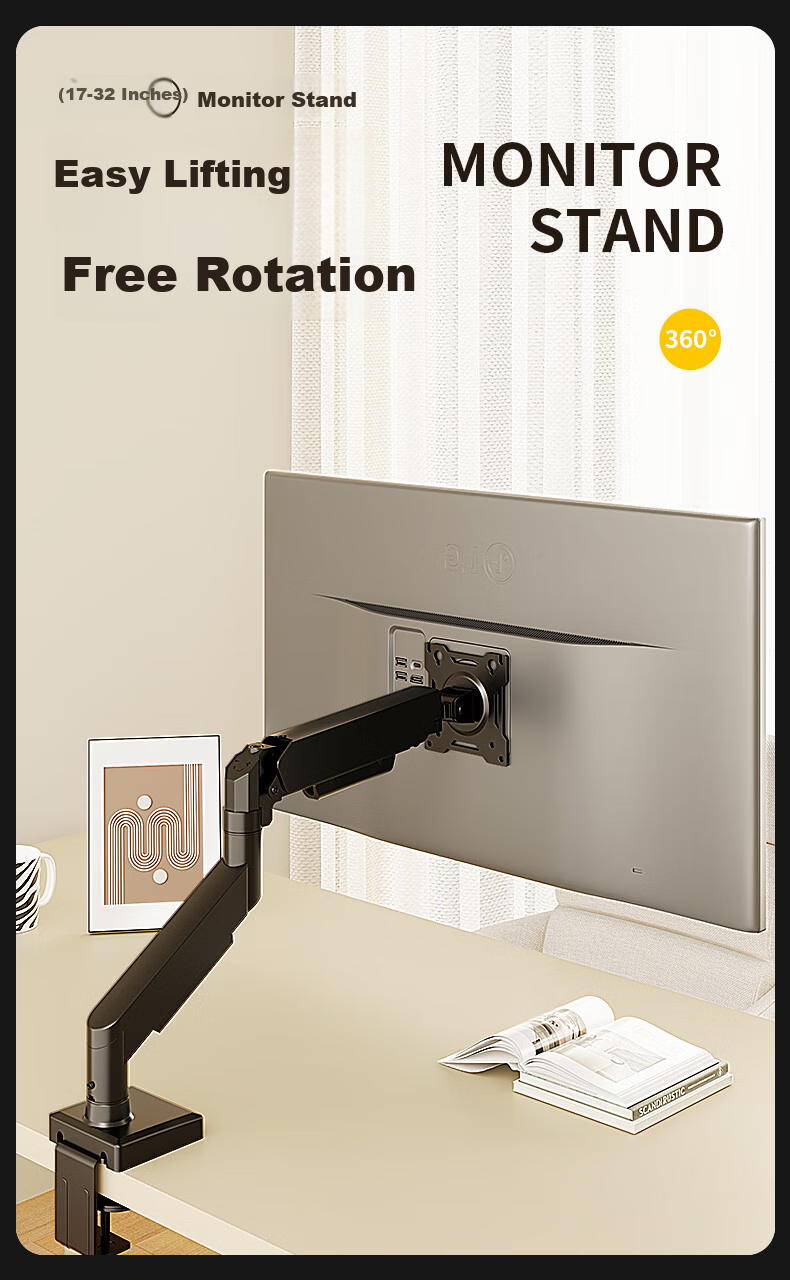 Geer Mechanical Arm Monitor Stand, Desktop Clamp-On No-Drill Computer Screen Support Arm, VESA Monitor Lifting And Heightening Bracket Base, 17-32 Inches 1