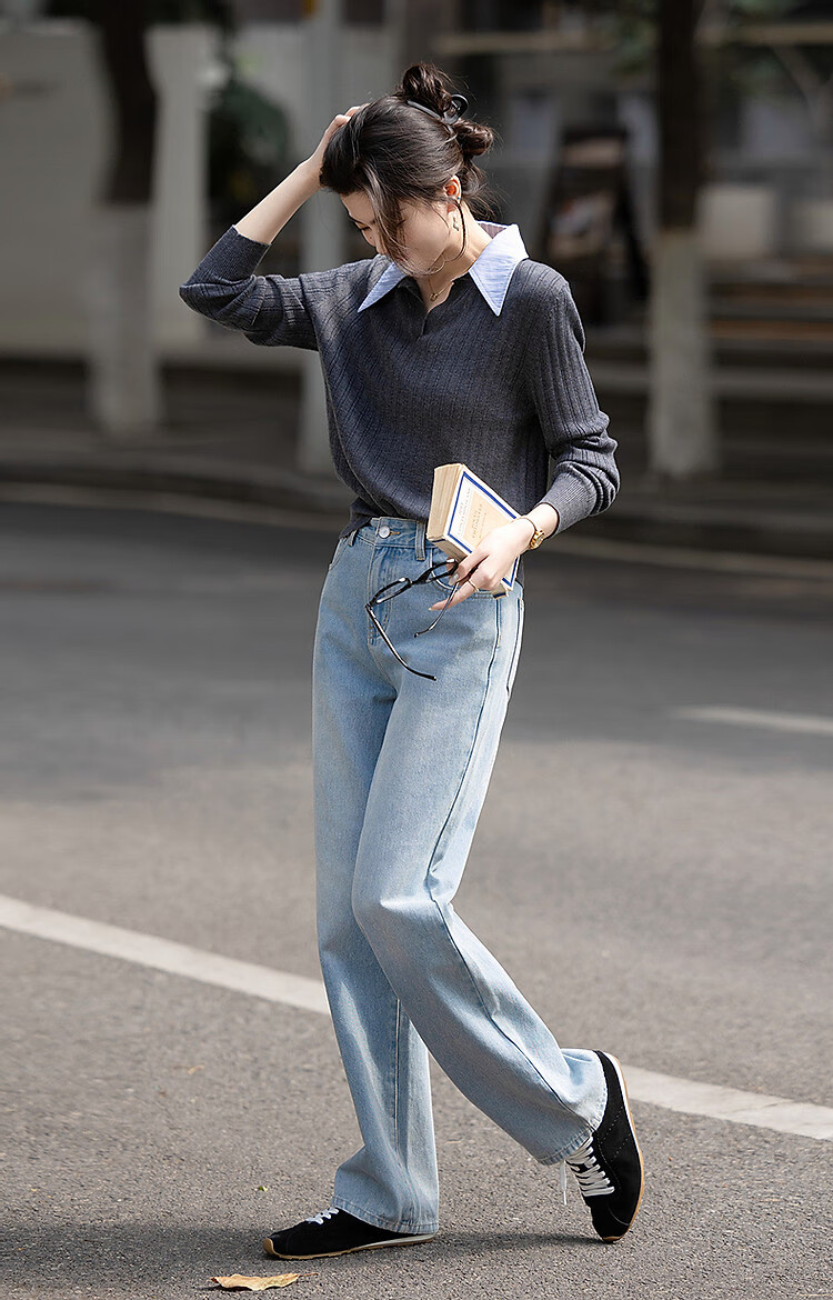 Demana【Contains Wool】Spring Autumn Smart Sensing Book Style Colorblock Stripe Spliced Lapel Knit Sweater Women Top 5