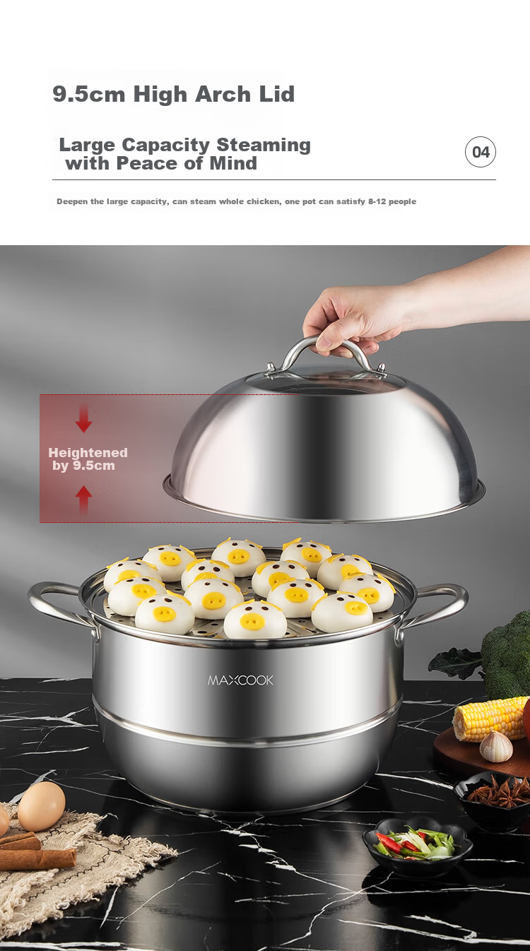 MAXCOOK Steamer Pot, 304 Stainless Steel 28cm Single Layer Steamer, Thickened Composite Bottom Compatible with Gas Stove And Induction Cooker 1