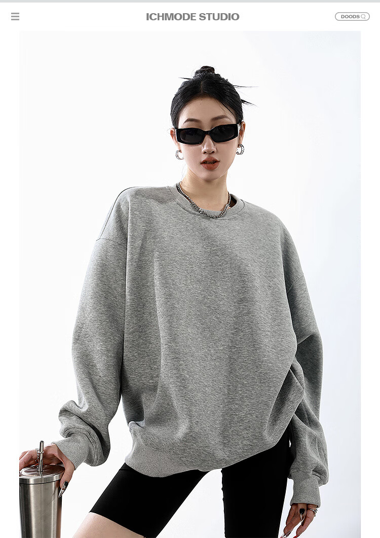 ICH MODE Women's American Style Crew Neck Solid Color Sweatshirt Spring Autumn New Loose Lazy Pullover Long Sleeve Top Black M 1