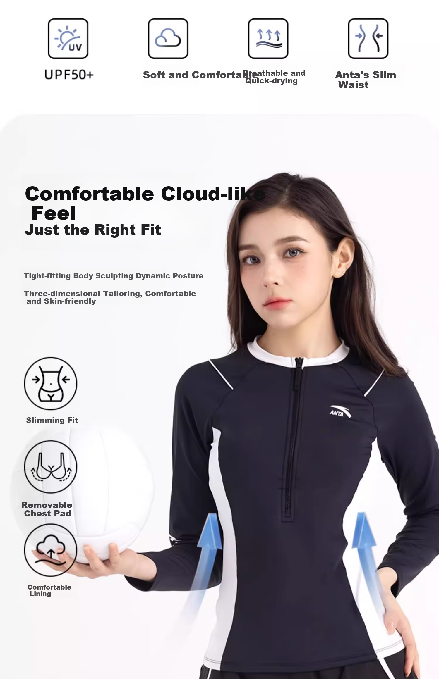 ANTA Slim Waist Swimsuit for Women, 2026 New Two-Piece Conservative Long-Sleeve Swimwear, Plus Size Hot Spring Swimsuit for Curvy Girls, Black And White, Size M 2