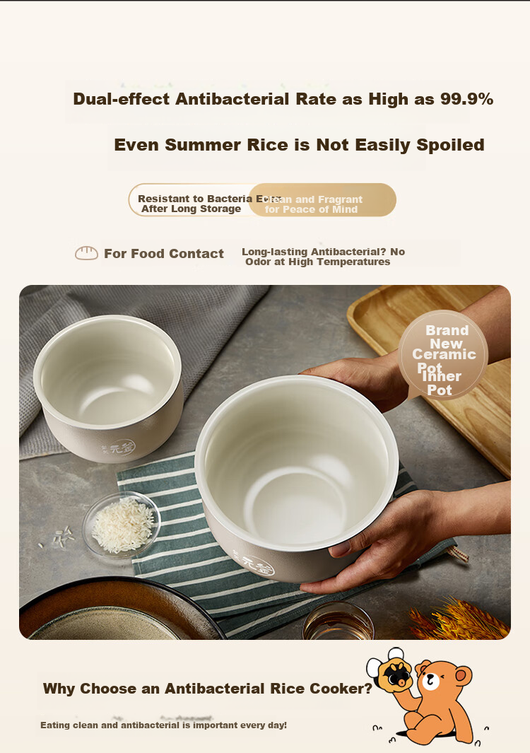 Bear Rice Cooker for 2-3 People, Ceramic Non-Stick Electric Rice Cooker, One-Button Quick Cooking, Smart Reservation, Wear-Resistant, Multi-Functional Rice Cooker Upgraded Version 3L DFB-C30L3 1