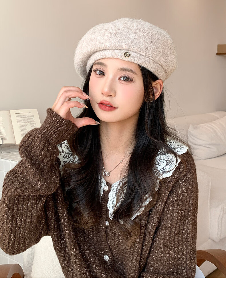XUEXIMAN Women's Beret Autumn Winter Versatile Warm Slim Face Octagonal British Retro Newsboy Painter Hat 1