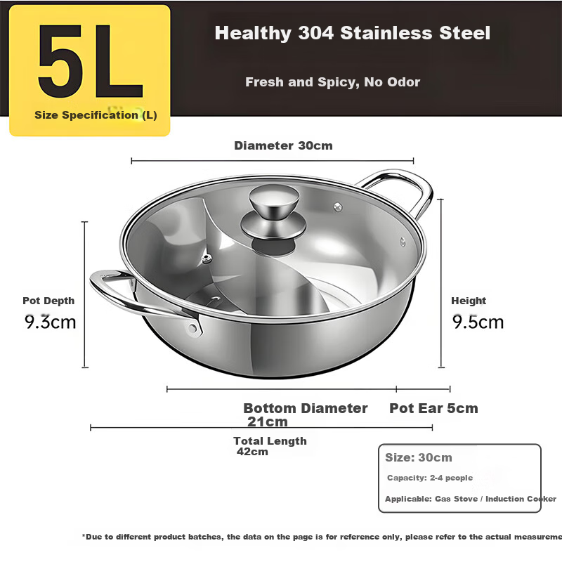 COOKER KING Dual-Sided Hot Pot 30cm, 304 Stainless Steel, Easy-Clean Hot Pot, Soup Pot Compatible with Induction Cooker, for 4-6 People