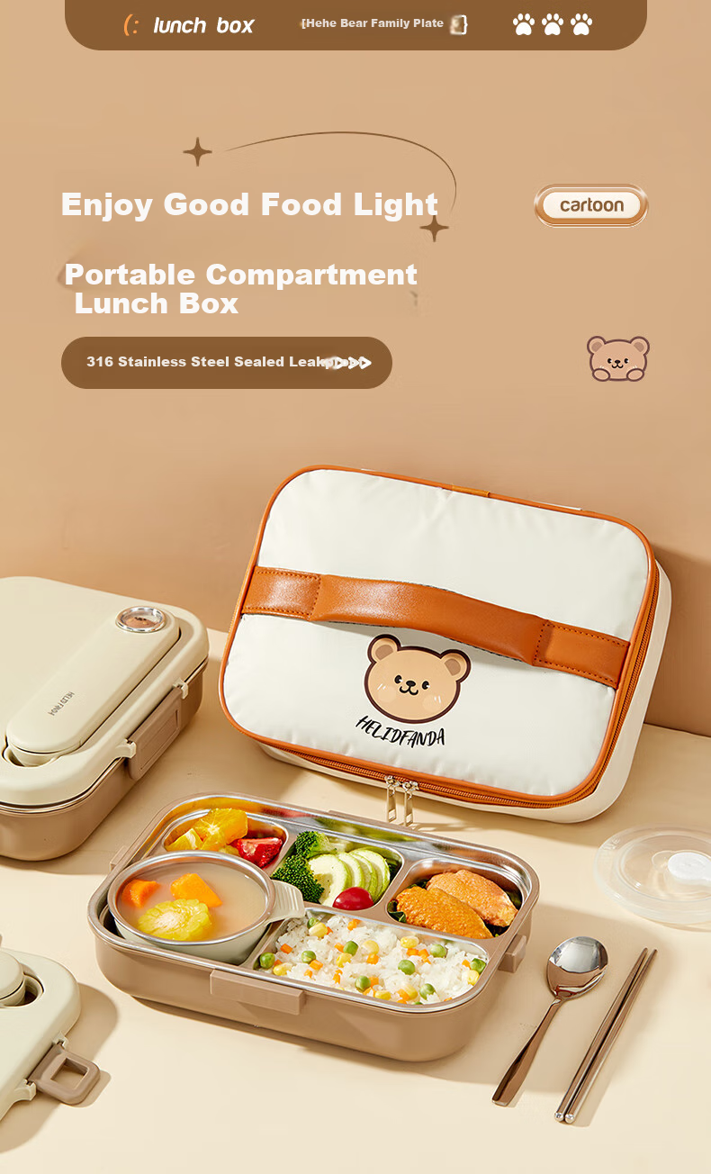 WORTHBUY 304 Stainless Steel Lunch Box for Office Workers, Meal Container with Compartments for Students' Cafeteria, Rice Serving Tray, Beige with 5 Compartments + Bag 1