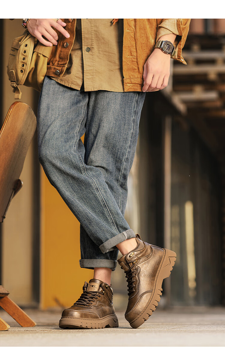 Bull Family Martin Boots Men Autumn Winter Retro British Work Boots High Top Lace-up Casual Short Boots Men's Thick Sole Height Increasing Boots 17