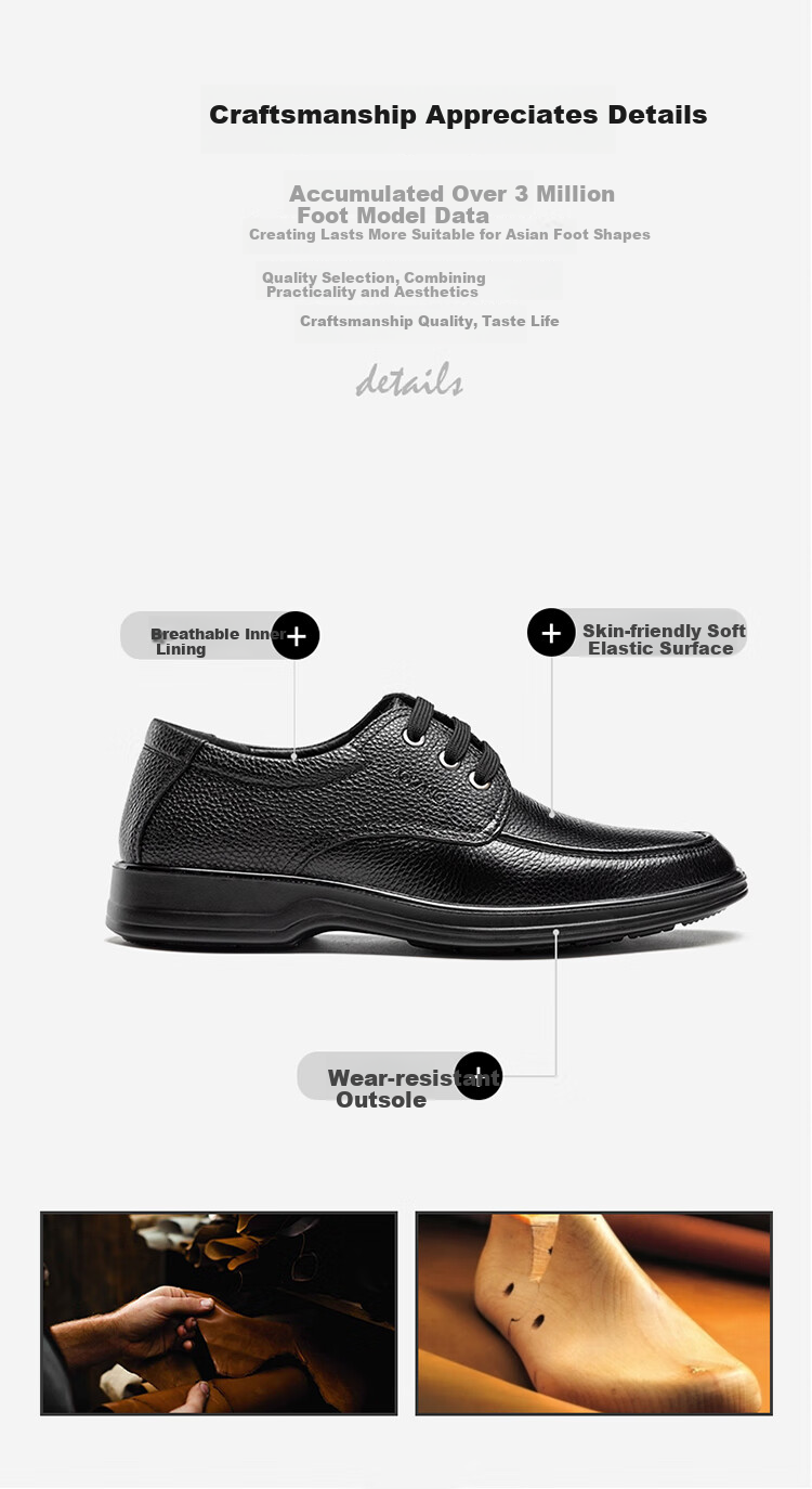 Aokang Leather Shoes for Men, Casual Business Shoes, Comfortable Work Lace-Up Formal Shoes, British Style Footwear, Black, Size 40 3