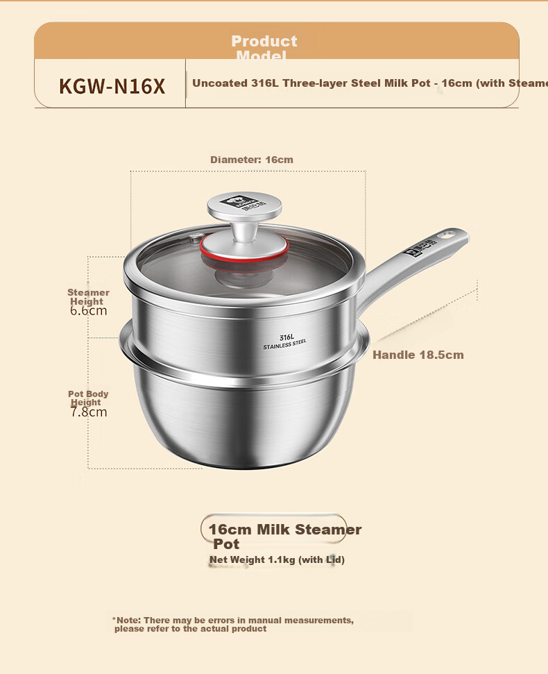 Kobach Non-Stick Milk Pot, 316L Stainless Steel Steamer Pot, Uncoated Baby Food Pot, Three-Layer Base, Compatible with Stove And Oven, 16cm 2
