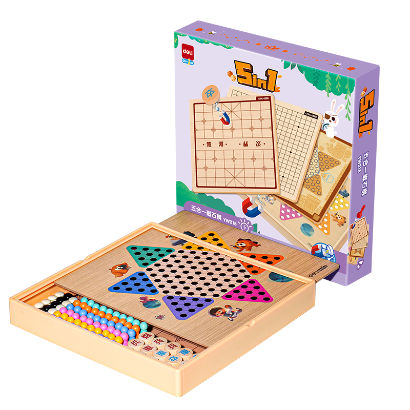 Deli 5-in-1 Children's Game Chess Set - Chinese Chess, Go, Gomoku, Checkers Board Game Educational Early Learning Gift