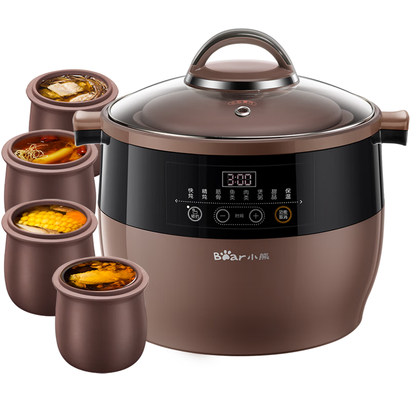 Bear Electric Slow Cooker, Electric Stew Pot, Double Boiler, Soup Pot, Electric Casserole, Purple Clay Pot, Porridge Pot for 5-6 People, Large Capacity, Programmable Timer B45Z1 6.5L