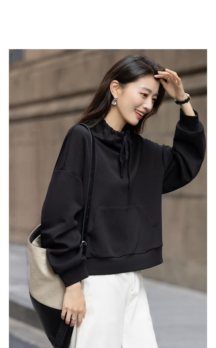 Demana [Comfort Elastic 280G Air Layer] Autumn Sports Style Blogger Stand Collar Drawstring Loose Fit Petite Women's Sweatshirt 3