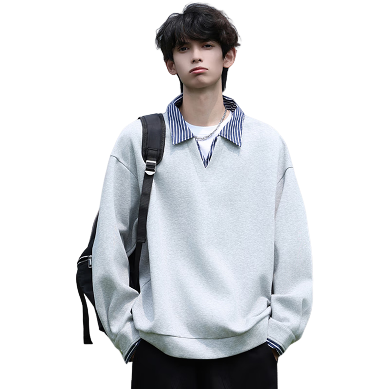 Homlean Men's Spring American Style Casual Loose Fit Layered Collar Sweatshirt HP02 Navy Blue XL