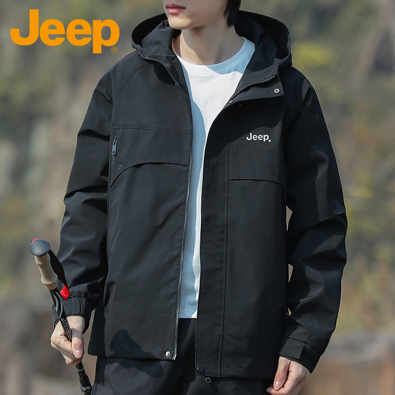 JEEP Men's Spring Casual Hooded Jacket Loose Workwear Mountain Climbing Coat Black XL