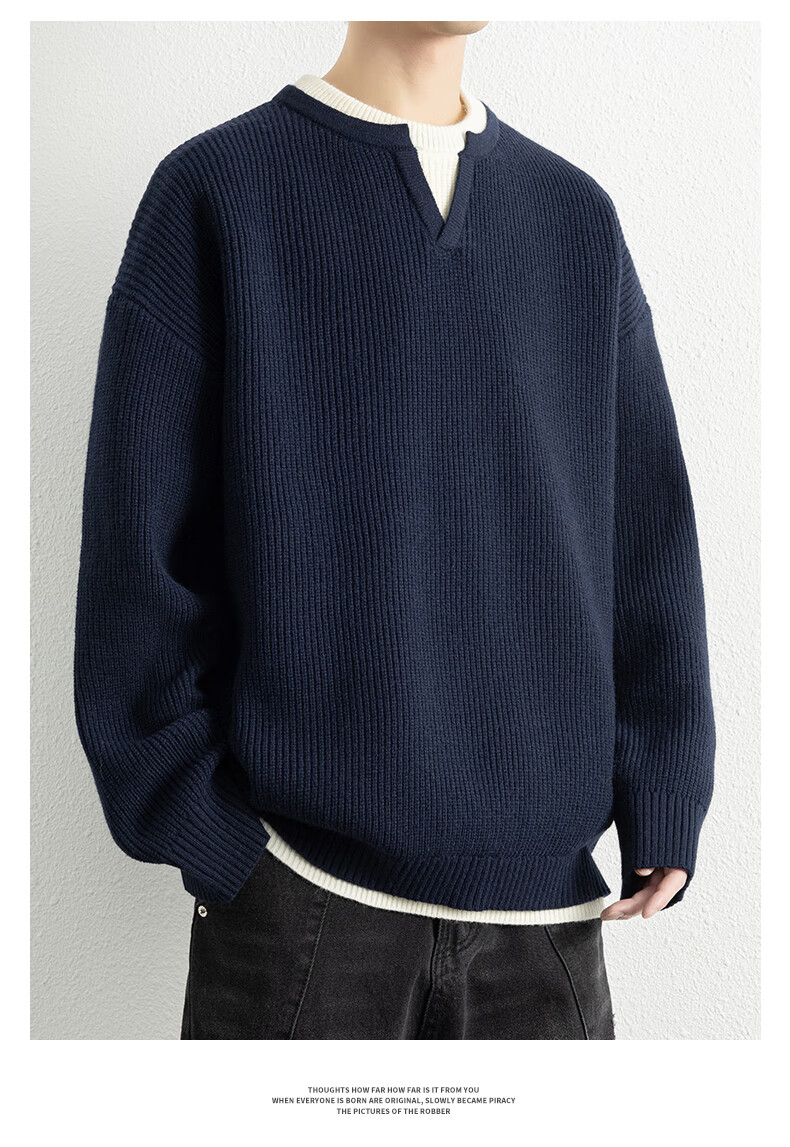 ROMON Men's Autumn Thickened Knitted Sweater, Round Neck, Fake Two-Piece Casual Versatile Pullover, Black 3XL ZH6012 6