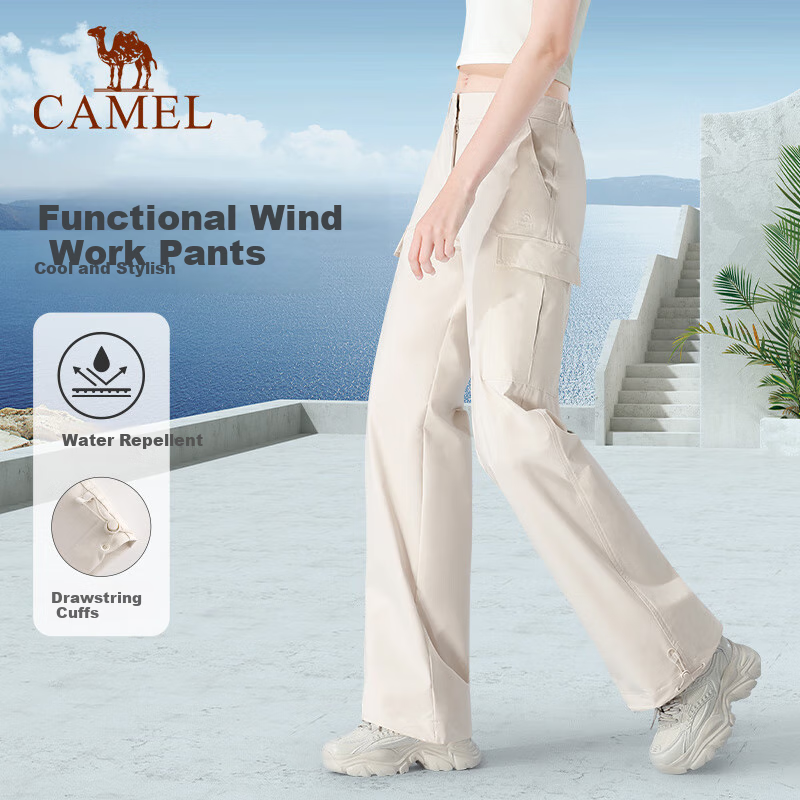 CAMEL Women's Cargo Pants, Unisex Style, Autumn Waterproof Casual Pants, Slimming Straight-Leg Sweatpants, Fleece-Lined Fashionable Woven Pants, Size L