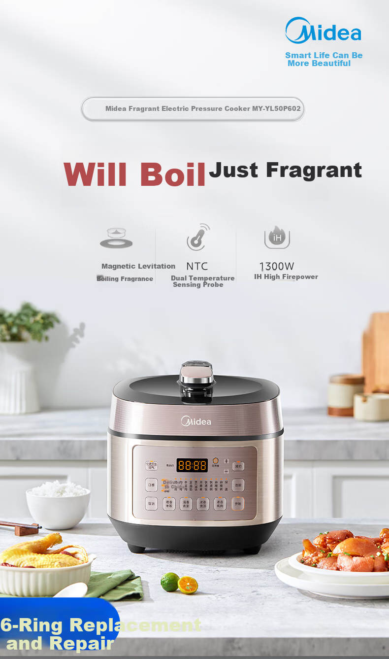 Midea Electric Pressure Cooker, 5L Nongxiang Series, High-Pressure Cooker, 1300W, IH Heating, Dual Inner Pot, 24-Hour Smart Reservation, Pressure Cooker MY-YL50P602 [ZMD Safe Series] 1