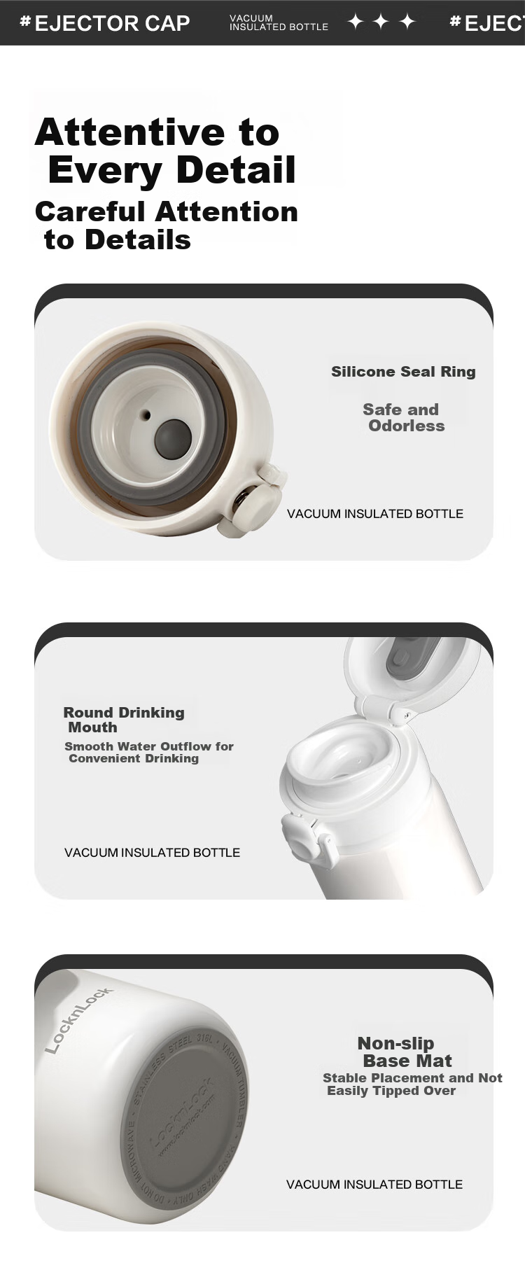 LOCK&LOCK Simple Spring Lid Insulated Mug for Men And Women, Stylish Thermos for Students, Portable Water Bottle, 480ML White 18