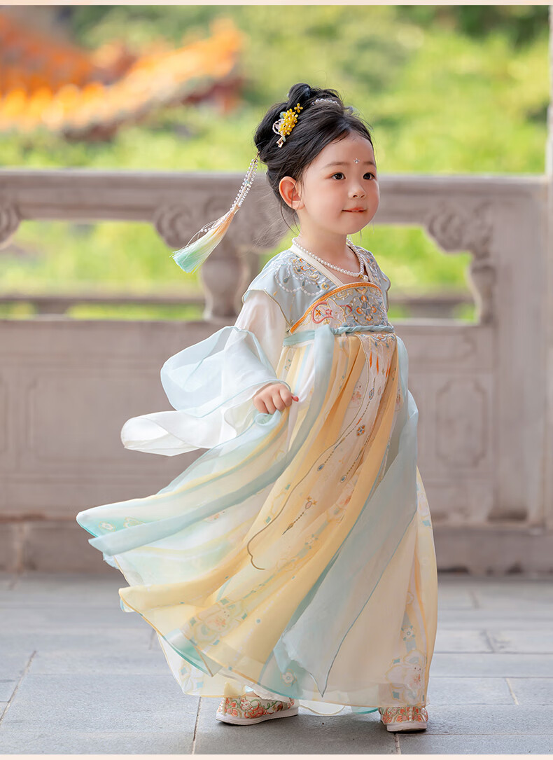 Menghulonglongyue Hanfu Girls' Spring and Autumn Dress New Children's Princess Ru Skirt National Style Dress Yellow Blue 120 19