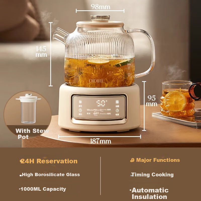 OIDIRE (Oudian) Health Pot, All-Glass Flower Tea Kettle, Electric Water Boiler with Temperature Control, No Glue, Multifunctional 1L ODI-HC07 Nourishing Stew Pot Model