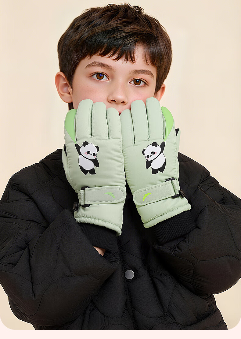 ANTA Kids Winter Thermal Gloves Cold-Resistant Ski Gloves for Boys and Girls, Fleece-Lined Thickened Outdoor Anti-Freeze Five-Finger Gloves, Green M 11