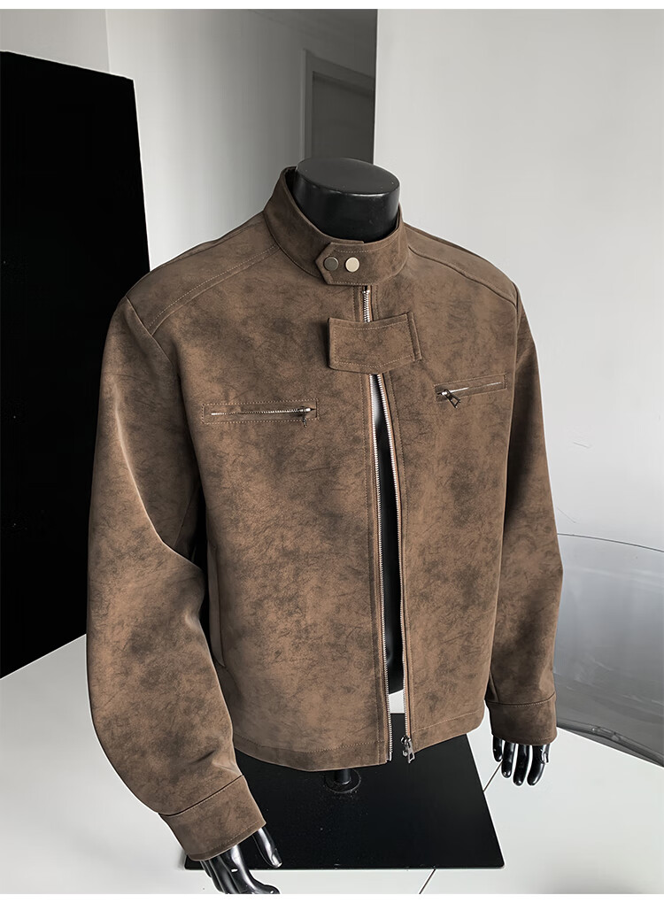 IZEXX Men's American Style Tie-Dye Jacket Autumn Winter Stand Collar Trendy Shoulder Motorcycle Leather Jacket ZGJ58 Black XL 13