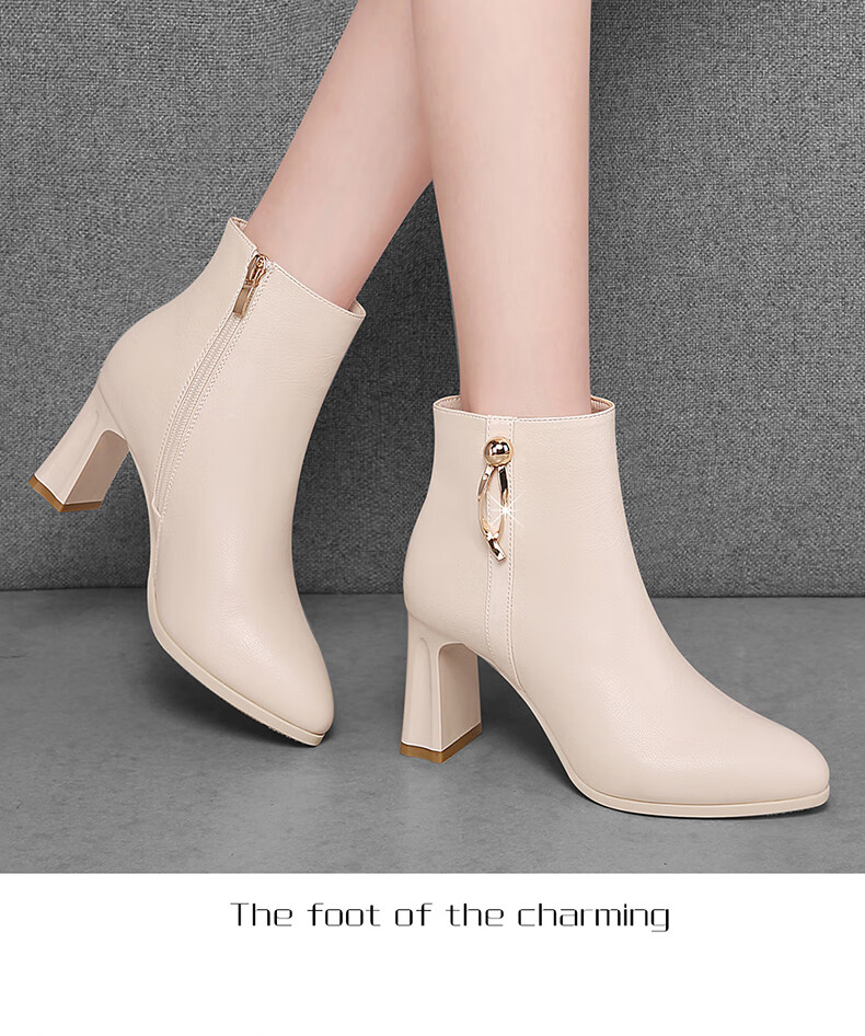 FUGUINIAO Genuine Leather Cowhide Fashion Boots Women Autumn Winter Fleece Lined Warm Short Boots Round Toe Chunky Heel Slim Boots Black Size 37 10
