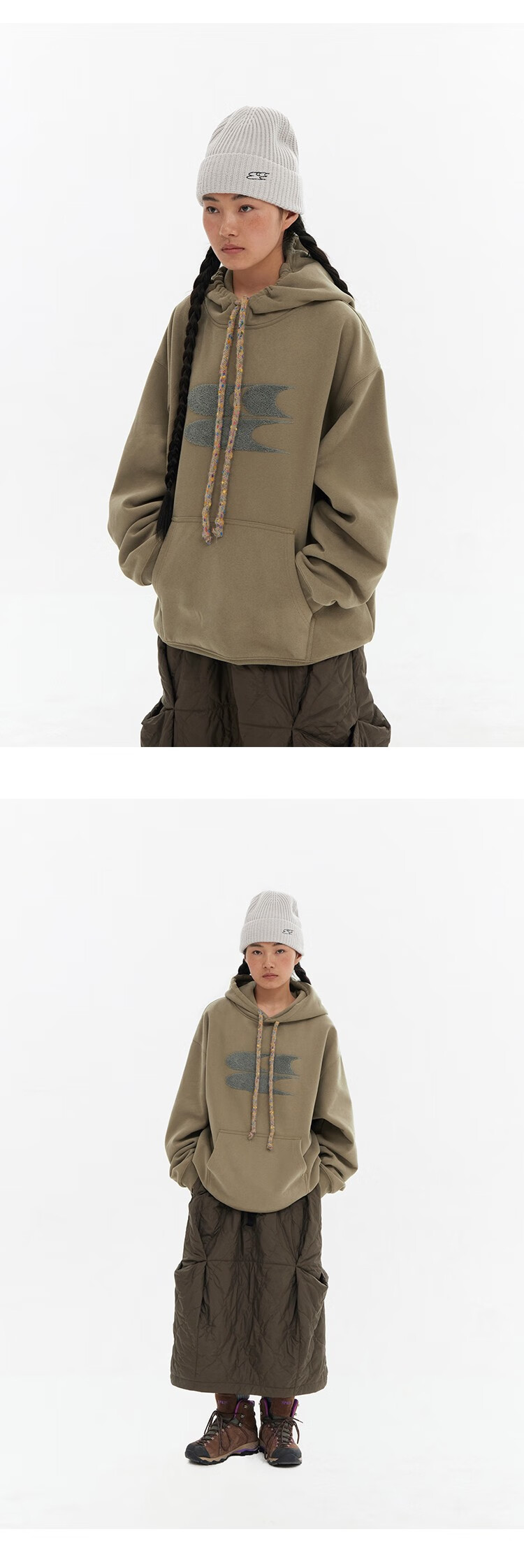 Crying Center Autumn Winter Hooded Logo Polka Dot Drawstring Fleece Thickened Sweatshirt Khaki Gray XS 10