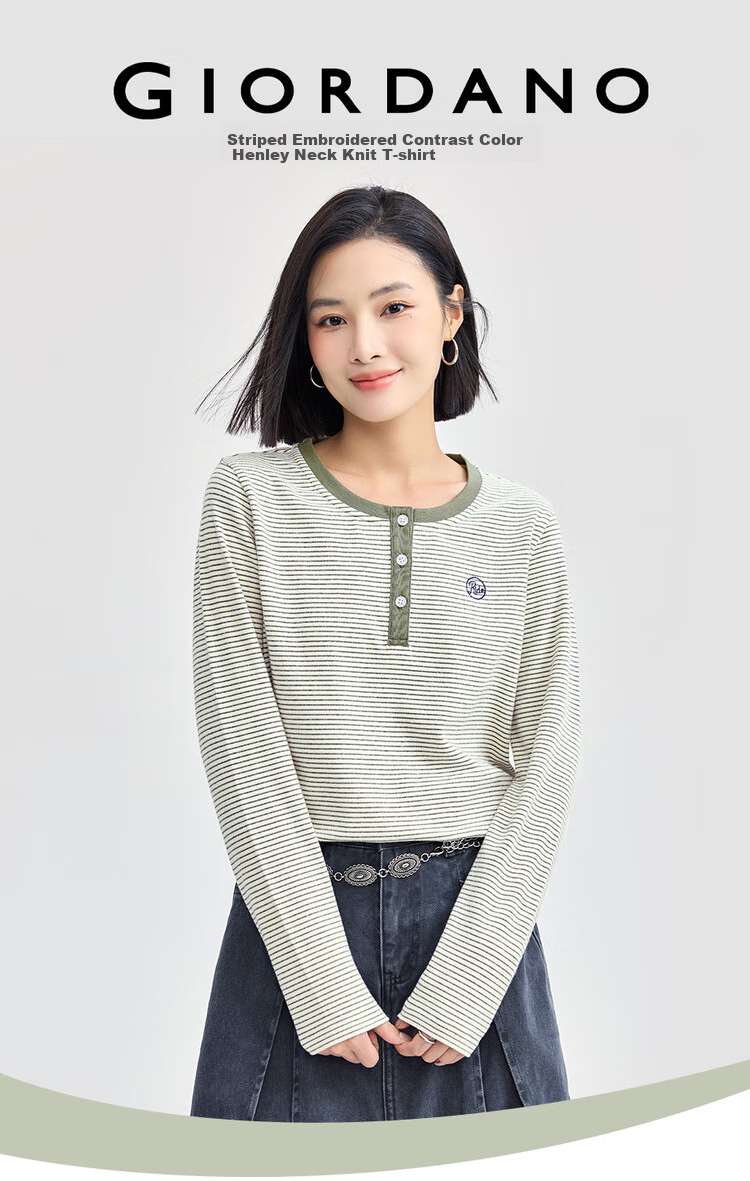 Giordano Women's Striped Embroidered Pullover T-Shirt, Contrasting Color Henley Collar Long Sleeve Tee for Women 13324704 3