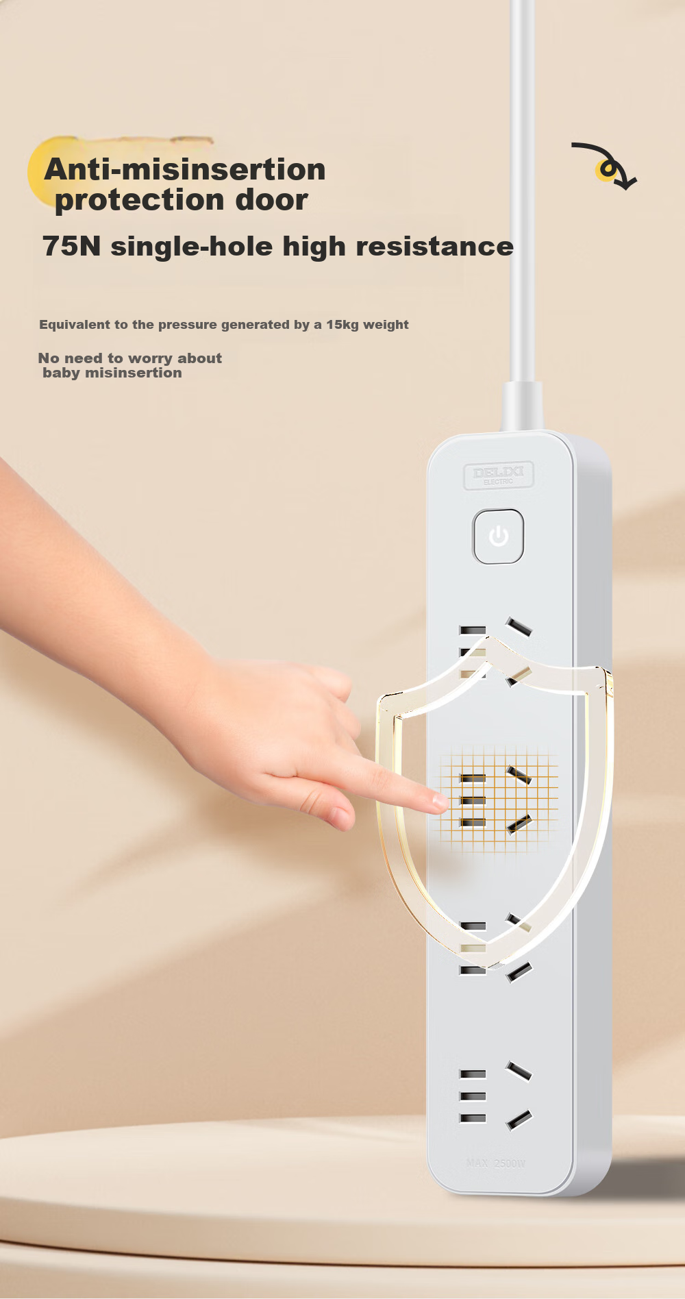 DELIXI National Standard Socket/power Strip/extension Cord/outlet Strip/power Bar 3-Outlet Combination Master Switch, 3 Meters, Moonlight Gray 5