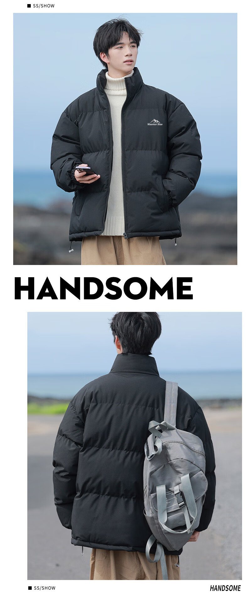 Warrior Men's Cotton Padded Jacket Autumn Winter Hooded Solid Thick Warm Outdoor Cold-Resistant Trendy Puffer Coat 4
