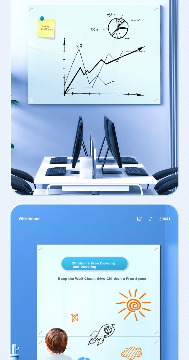Deli Wall-Mounted Whiteboard 180*90cm Magnetic Tempered Glass Hanging Whiteboard for Office Meetings Writing Board Blackboard (With Whiteboard Eraser, Whiteboard Markers, And Magnetic Pins) 50041 6