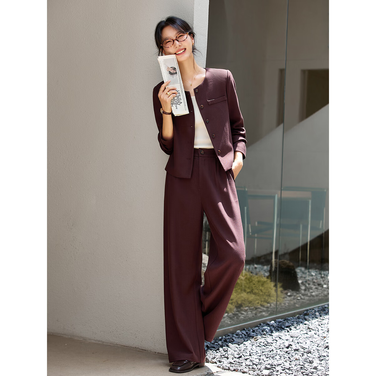 Fansiman Elegant Fashion Women's Set Top with Long Pants New Stylish Two-Piece Set Dark Gray S