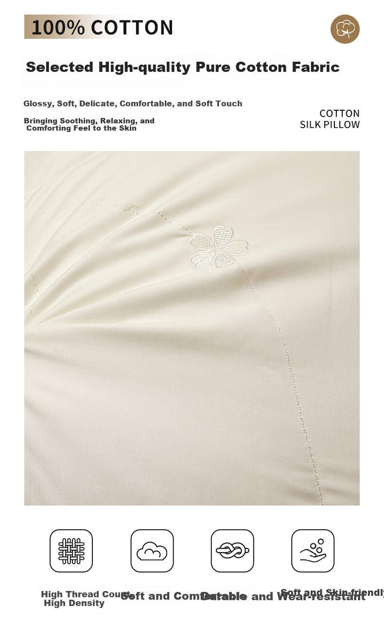 Grace Class A Pure Cotton Silk Pillow, Antibacterial Pillow Core, Home Soft Pillow for Adults, Single Pack, 48*74cm 3