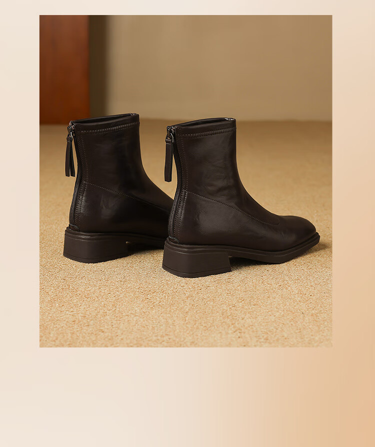ZHR Women's Square Toe Short Boots 2025 Winter New Plush Stylish Ankle Boots Slim Fit BL663A Brown Size 37 12