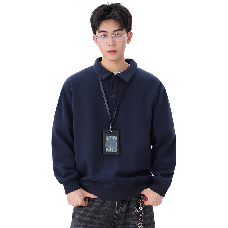 Dingfengbaoluo Heavyweight Polo Collar Sweatshirt Men Autumn Winter Trendy Casual Loose Simple Solid Color Top DQZ10 Navy 2XL