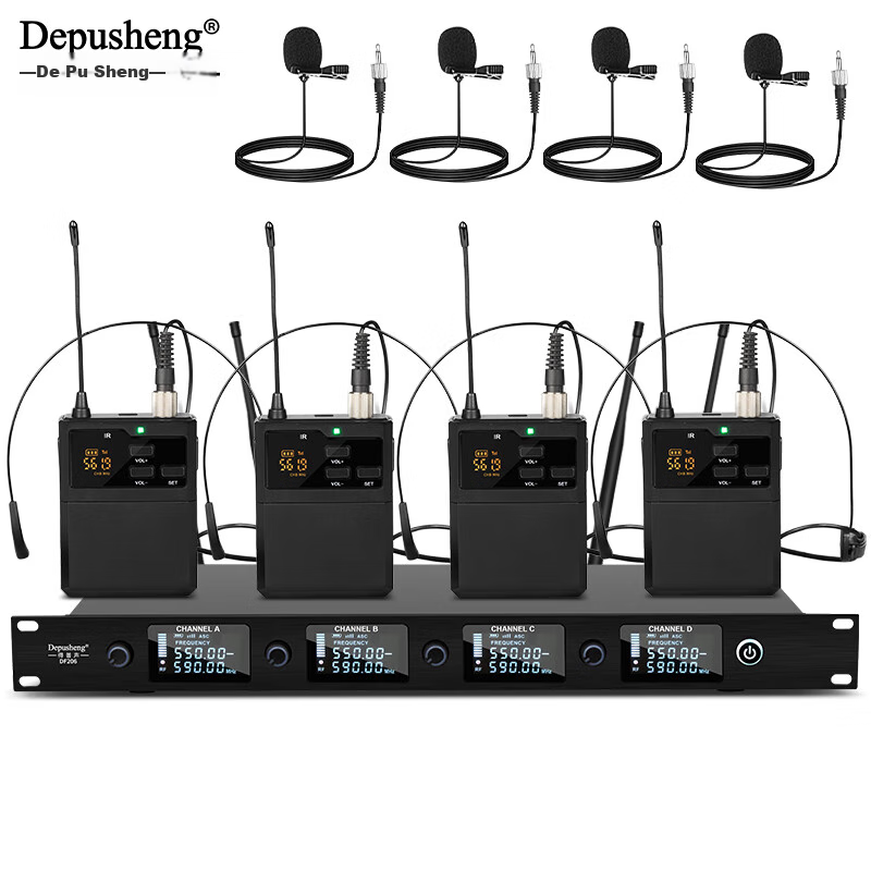 Depusheng DF206 Professional Wireless Microphone System with One Transmitter And Four Receivers for Hosting, Live Streaming, Singing, Stage Speaking, Training, Teaching, Engineering Applications, Stable Microphone with Waist Pack And Anti-Howling Desig