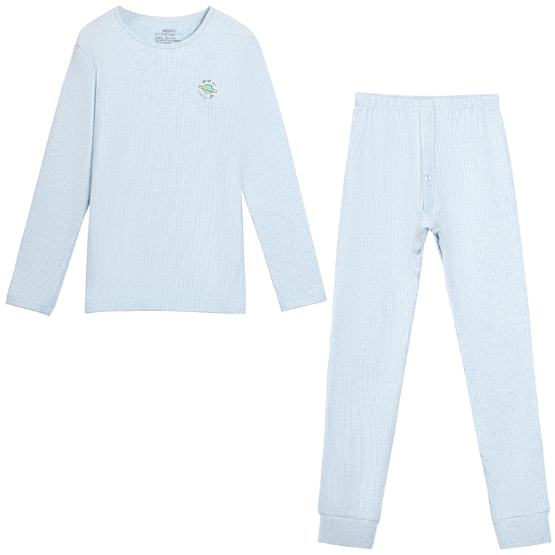 Hodohome Boys' Autumn Thermal Underwear Set, Class A Cotton-Spandex Striped Print, Blue 140cm