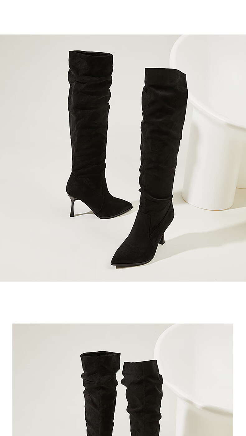 DAPHNE French Style Elegant Stacked Boots Women Pointed Toe Stiletto High Heel Long Boots Slim Fashion Versatile Brown 37 5