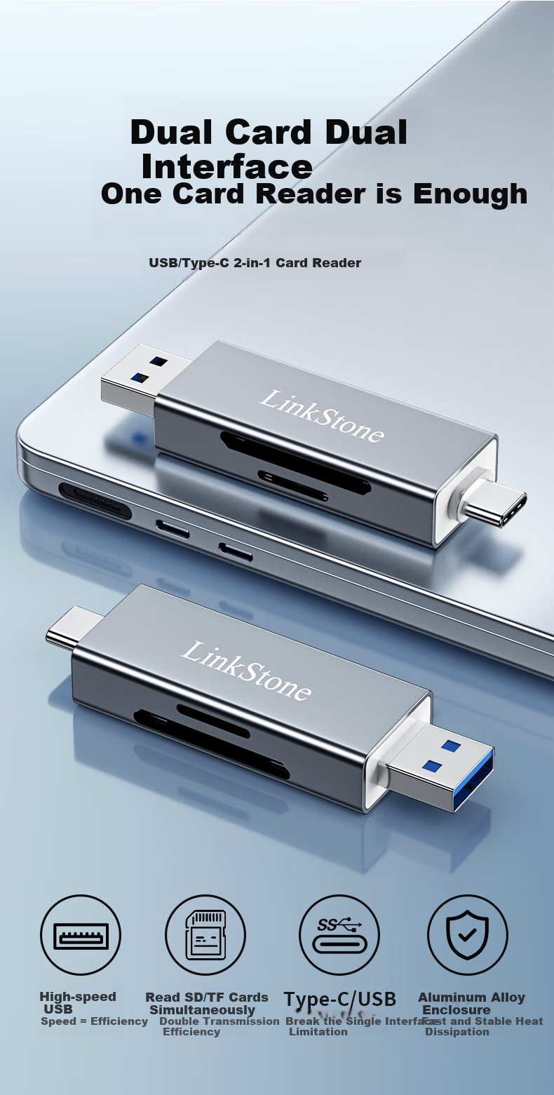 LinkStone USB High-Speed Card Reader All-In Multi-Functional SD/TF Dual-Card Reader Supports Smartphones, DSLR Cameras, Drones, Dash Cams, And Surveillance Memory Cards 1