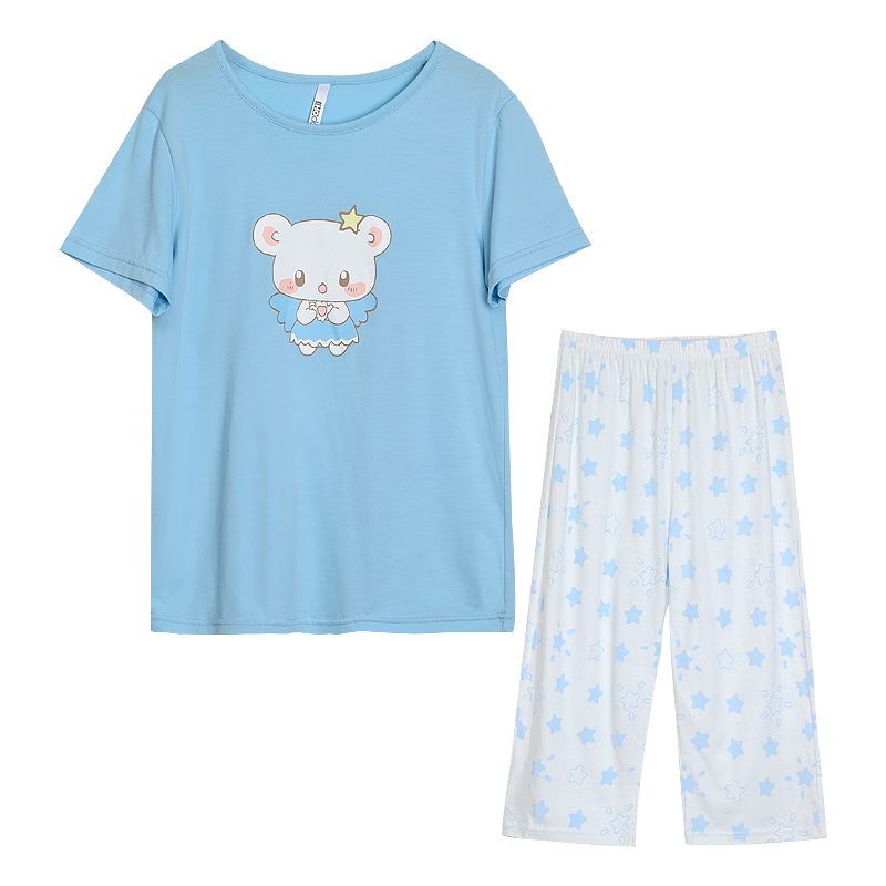 Hodohome Children's Pajamas, Girls' Pure Cotton 7A Antibacterial Short-Sleeve Capri Pants, Home Wear, Cartoon Air Conditioning Suit, 308 Blue, Size 130