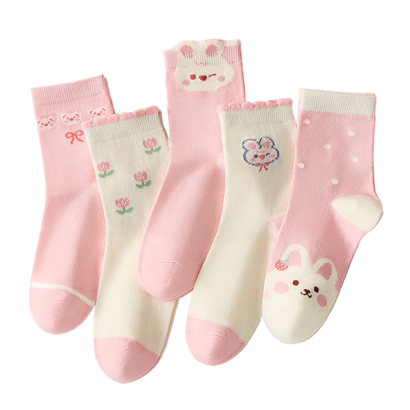 Urban Beauty Children's Socks Girls Four Seasons Mid-Calf Cotton Socks Cute Bunny Sweet Girls Long Socks 5 Pairs 2XL