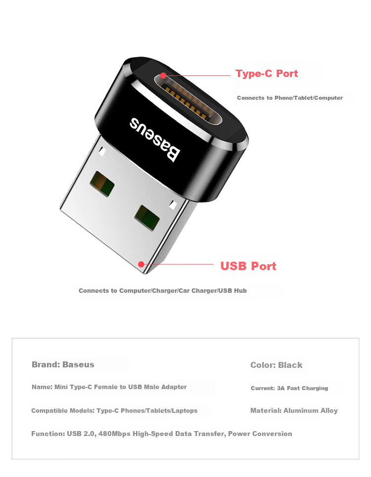 BASEUS USB to Type-C Adapter OTG, Compatible with Apple 18/17/16/15 Fast Charging, Type-C Port Converter, Suitable for Carplay, Headphones, Xiaomi, Huawei Phones And Laptops 2
