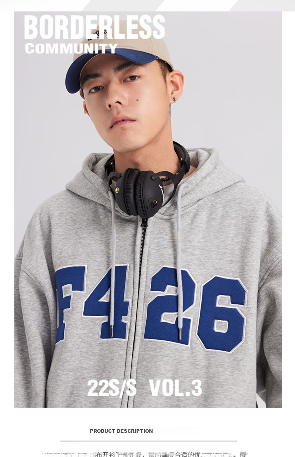 F426 Self-Operated Store National Trend Autumn Loose Versatile Couple Style Patchwork Embroidery Large LOGO Cardigan Sweatshirt Jacket, Floral Gray, Size S 8