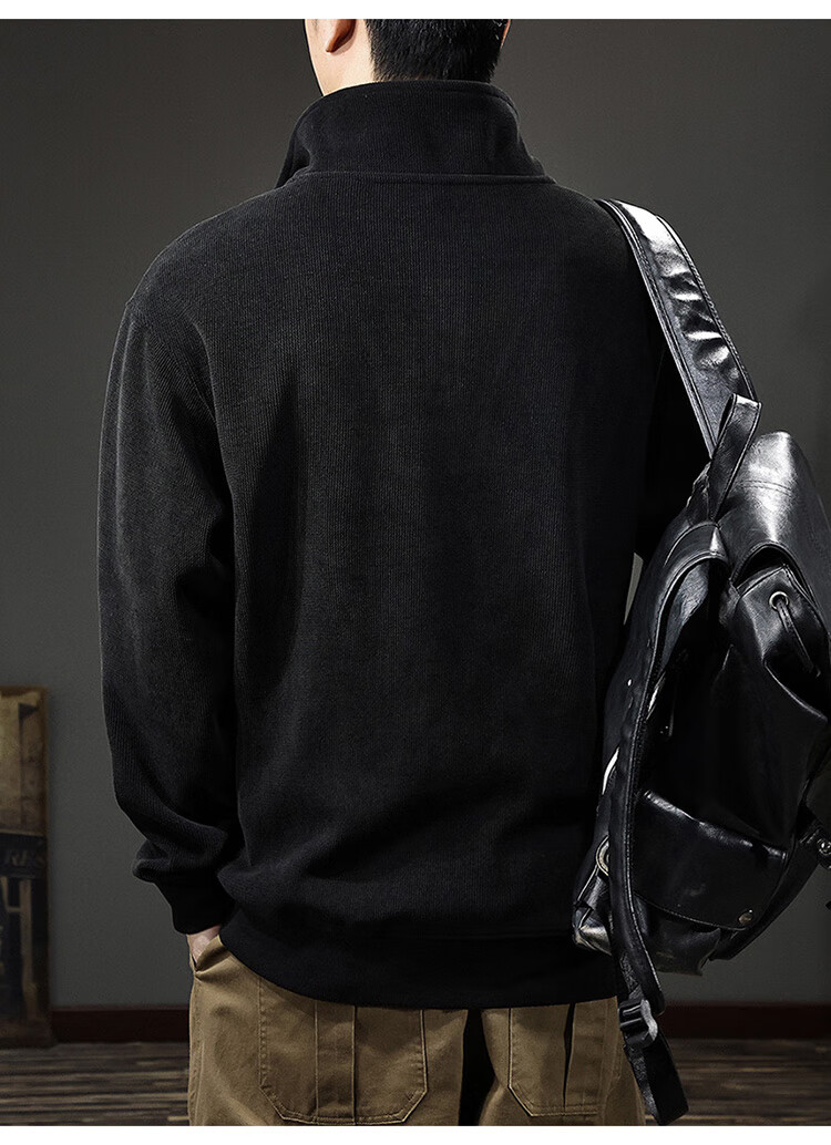 JEEP Men's Autumn Winter Zip-up Loose Long Sleeve Corduroy Thickened Warm Sweatshirt Black L 4