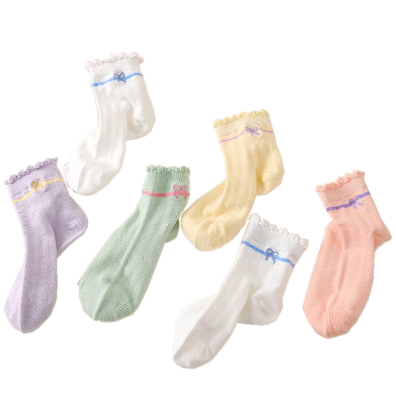 Mianwuqi Children's Socks with Ribbons, Girls' Baby Anti-Odor Socks, Spring Autumn Summer Mesh Breathable Sweat-Absorbing Socks